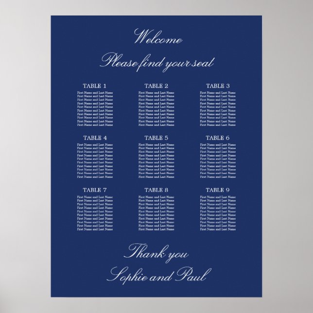Navy Blue 9 Table Wedding Seating Chart Poster (Front)