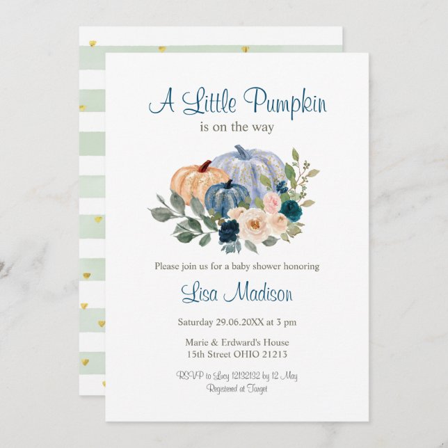 Navy blue A Little Pumpkin Is On The Way  Invitation (Front/Back)