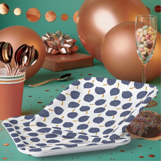 Navy Blue Abstract Flying Bomb Fruit Pattern Paper Plate (Multi)