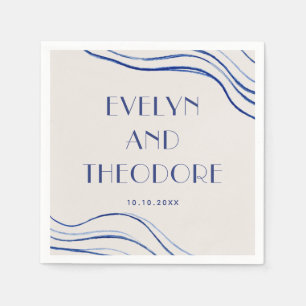 Navy Blue Abstract Ocean Waves Minimalist Wedding Napkin