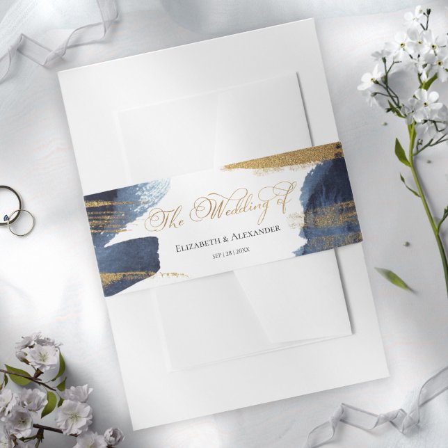 Navy Blue Abstract Watercolor Gilded Wedding Invitation Belly Band (Creator Uploaded)