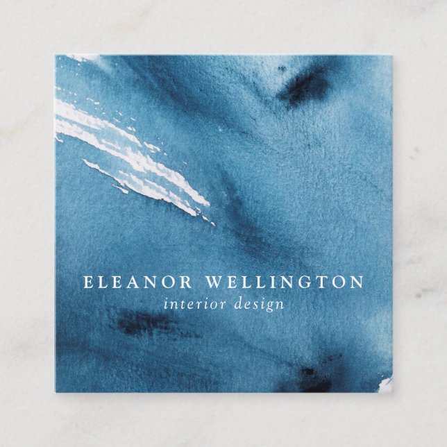 Navy Blue Abstract Watercolor Texture Custom Square Business Card (Front)