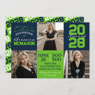 Navy Blue & Action Green 3 Photo Graduation Invitation