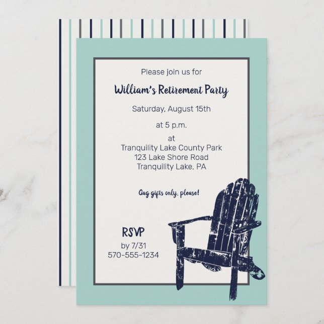 Navy Blue Adirondack Chair Custom Retirement Party Invitation (Front/Back)