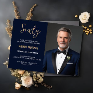 Navy Blue Agate 60th Birthday Photo Invitation