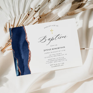 navy blue agate baptism invitation