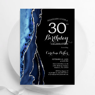 Navy Blue Agate Black Silver 30th Birthday Invitation