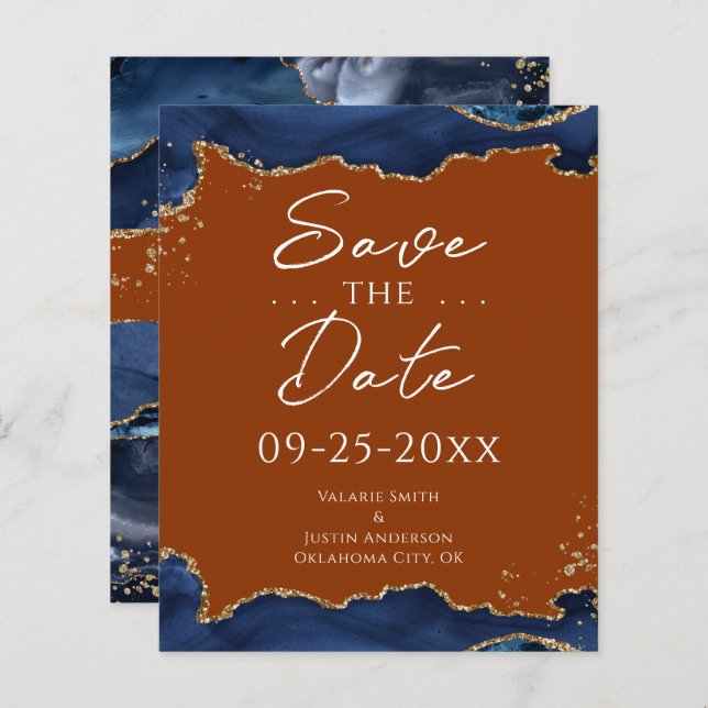 Navy Blue Agate Burnt Orange Save the Date (Front/Back)