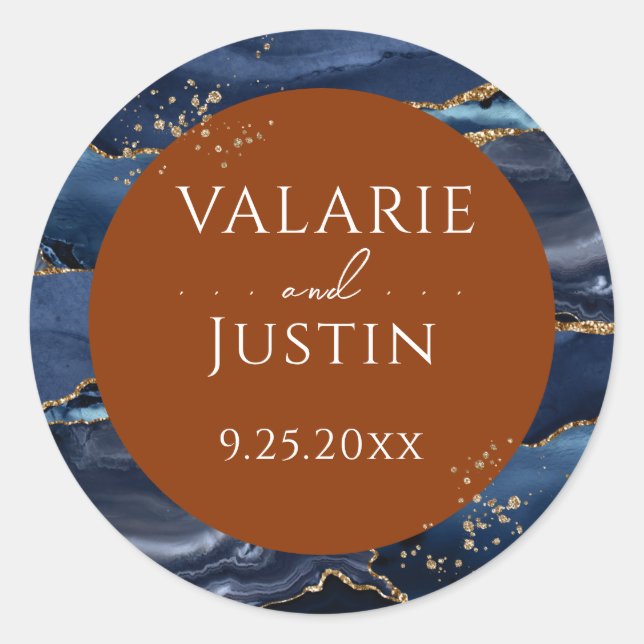 Navy Blue Agate Burnt Orange Wedding Sticker (Front)