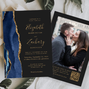 Navy Blue Agate Dark Photo QR Code Wedding Invitation
