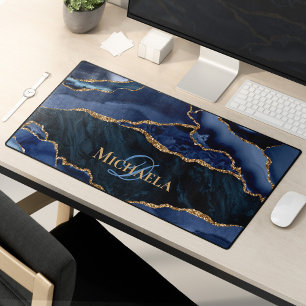 Navy Blue Agate Geode Gold Glitter Monogram Desk Mat