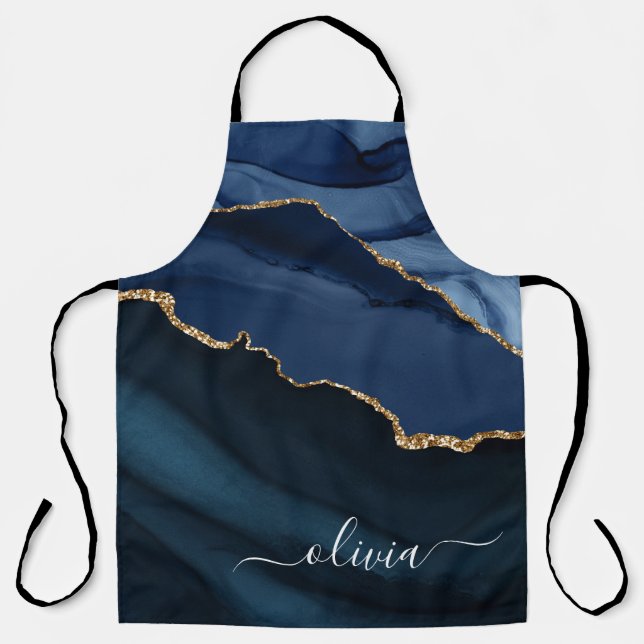 Navy Blue Agate Geode Gold Monogram Apron (Front)