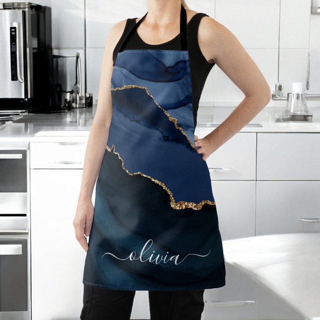 Navy Blue Agate Geode Gold Monogram Apron (Creator Uploaded)