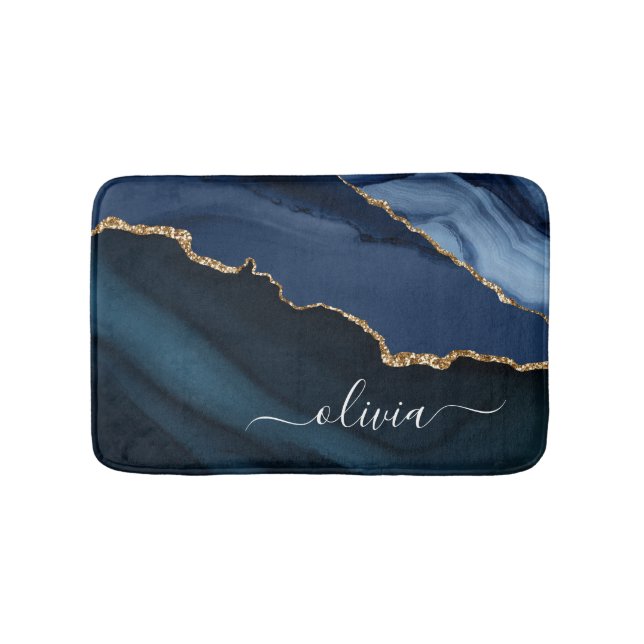 Navy Blue Agate Geode Gold Monogram Bath Mat (Front)