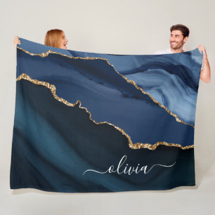 Navy Blue Agate Geode Gold Monogram Fleece Blanket