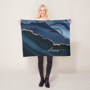 Navy Blue Agate Geode Gold Monogram Fleece Blanket