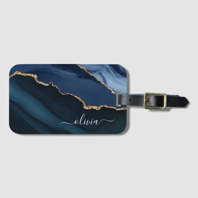 Navy Blue Agate Geode Gold Monogram Luggage Tag (Front Horizontal)
