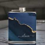 Navy Blue Agate Geode Gold Monogram Modern Hip Flask<br><div class="desc">Navy Blue and Gold Foil Agate Geode Monogram Beautiful Elegant Script Name Flask. This gift makes the perfect sweet 16, 13th, 15th, 16th, 18th, 21st, 30th, 40th, 50th, 60th, 70th, 80th, 90th, 100th birthday, wedding, bridal shower, anniversary, graduation or bachelorette party gift for someone decorating her room in modern trendy...</div>