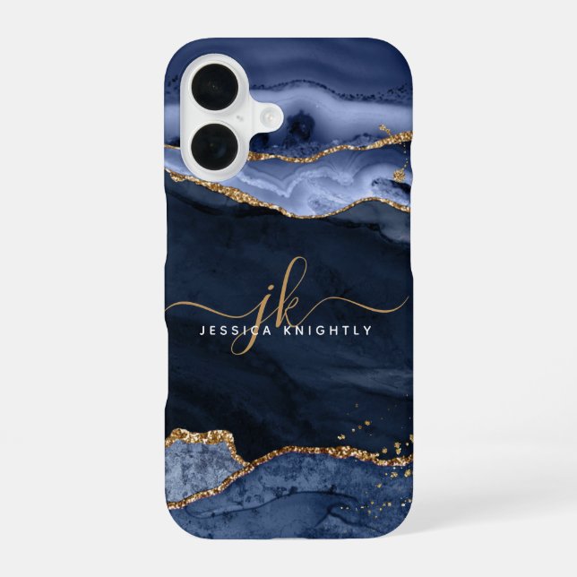 Navy Blue Agate Geode Gold Script Monogram iPhone 16 Case (Back)