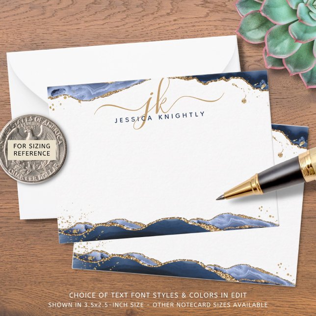 Navy Blue Agate Geode Script Monogram Gold Glitter Card (Creator Uploaded)