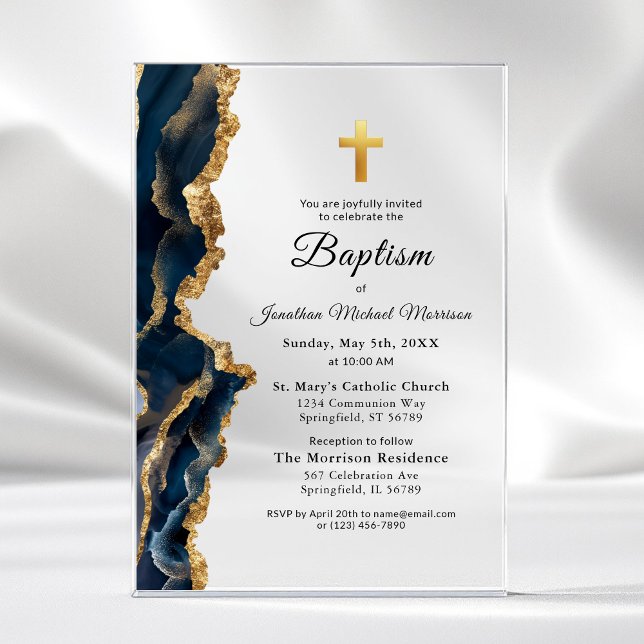Navy Blue Agate Gold Baptism Modern Elegant Acrylic Invitations (Creator Uploaded)