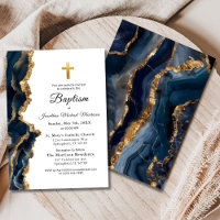 Navy Blue Agate Gold Baptism Modern Elegant