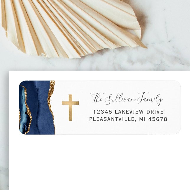 Navy Blue Agate Gold Cross Return Address (Creator Uploaded)