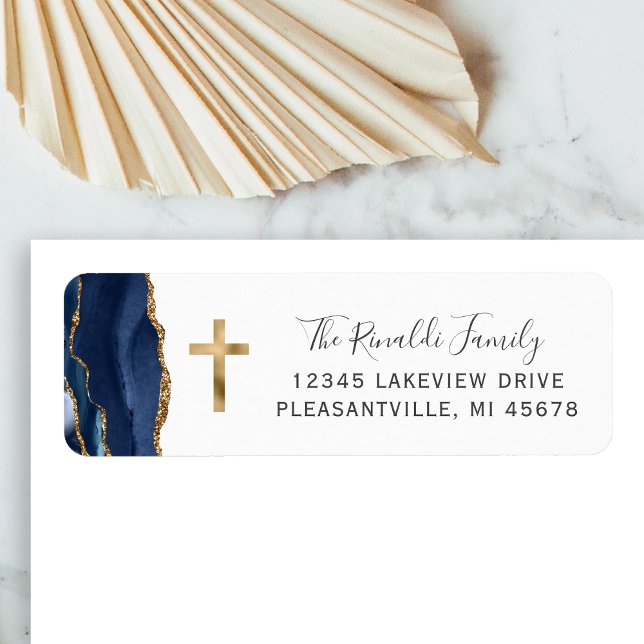 Navy Blue Agate Gold Cross Return Address Label (Creator Uploaded)