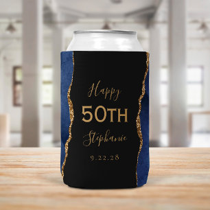Navy Blue Agate Gold Dark 50th Birthday Party Can Cooler