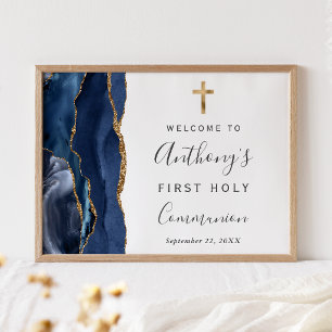 Navy Blue Agate Gold First Holy Communion Welcome Poster