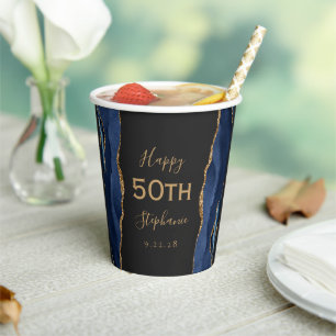 Navy Blue Agate Gold Glitter Dark 50th Birthday Paper Cups