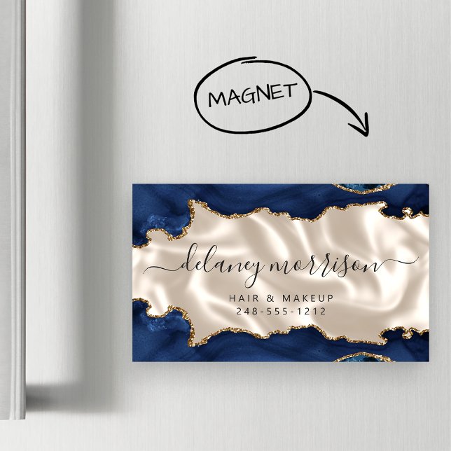 Navy Blue Agate Gold Glitter Ivory Luxury Magnetic Business Card (Creator Uploaded)