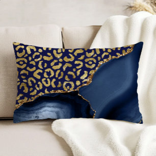 Navy Blue Agate Gold Glitter Leopard Spots Decorative Cushion