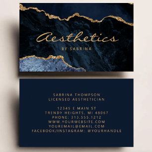 Navy Blue Agate Gold Glitter Luxury Aesthetician Business Card