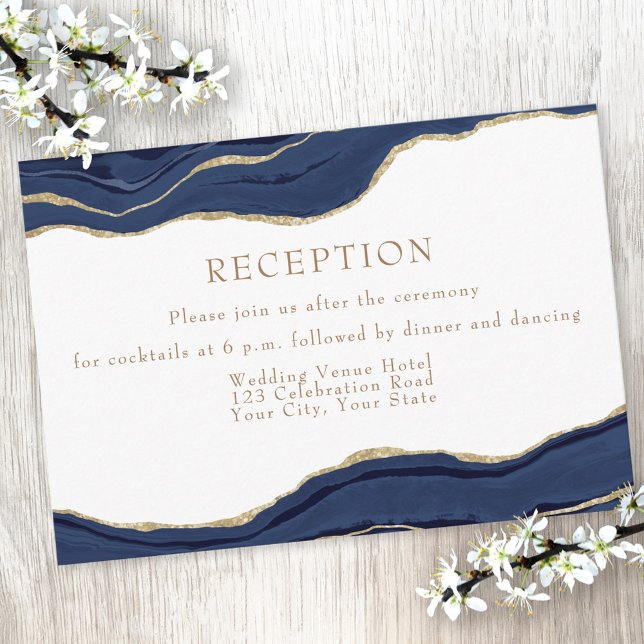 Navy Blue Agate Gold Glitter Wedding Reception Enc Enclosure Card (Creator Uploaded)