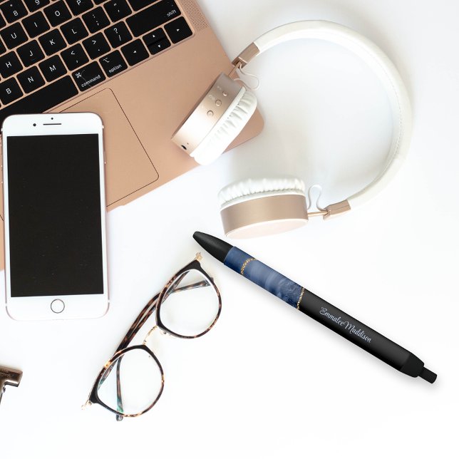 Navy Blue Agate Gold Marble Monogrammed Black Ink Pen (Creator Uploaded)