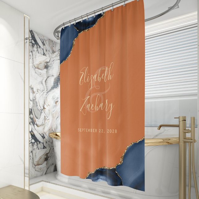 Navy Blue Agate Gold Rust Personalised Wedding Shower Curtain (Creator Uploaded)