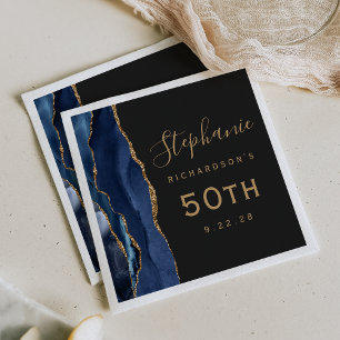 Navy Blue Agate Gold Script Dark 50th Birthday Napkin