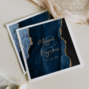 Navy Blue Agate Gold Script Wedding Napkin