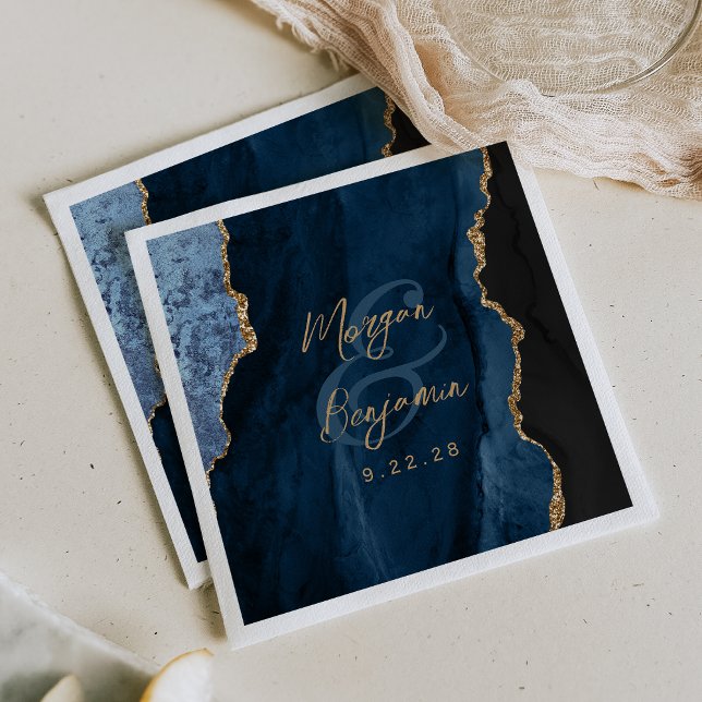 Navy Blue Agate Gold Script Wedding Napkin (Creator Uploaded)