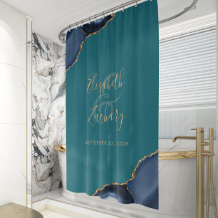 Navy Blue Agate Gold Teal Personalized Wedding Shower Curtain