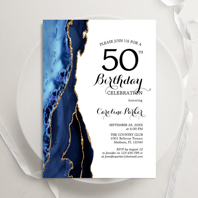 Navy Blue Agate Gold White 50th Birthday Invitation (Creator Uploaded)