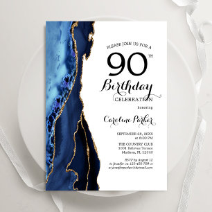 Navy Blue Agate Gold White 90th Birthday Invitation