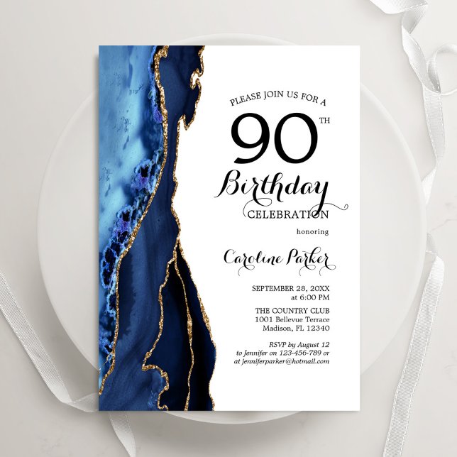 Navy Blue Agate Gold White 90th Birthday Invitation (Creator Uploaded)