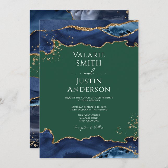 Navy Blue Agate Green Wedding Invitation (Front/Back)