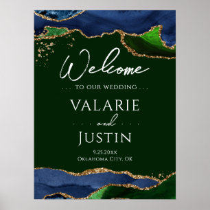 Navy Blue Agate Green Wedding Welcome Sign