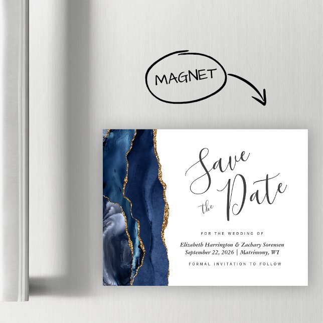 Navy Blue Agate Magnetic Wedding Save the Date (Creator Uploaded)
