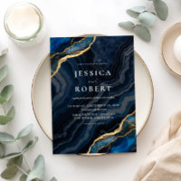 Navy Blue Agate Marble Elegant Wedding