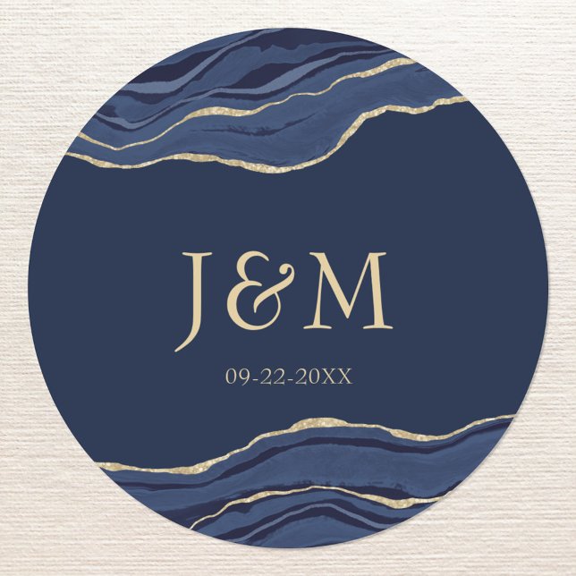 Navy Blue Agate Marble Gold Glitter Wedding Classic Round Sticker (Creator Uploaded)
