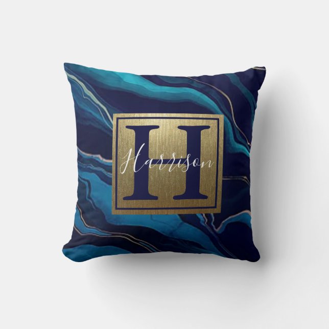 Navy Blue Agate Marble Gold Name and Monogram  Cushion (Front)